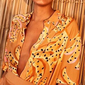 FARM Rio Brown Tropical Banana-Print Short Sleeve Button-Down